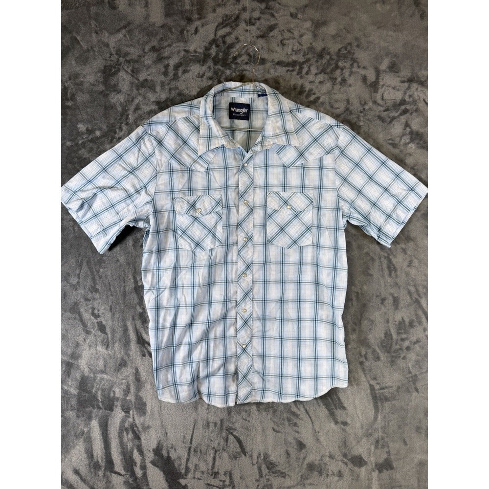 Wrangler Western Shirt Men Large Blue Plaid Pearl Snap Short Sleeve Cotton Blend